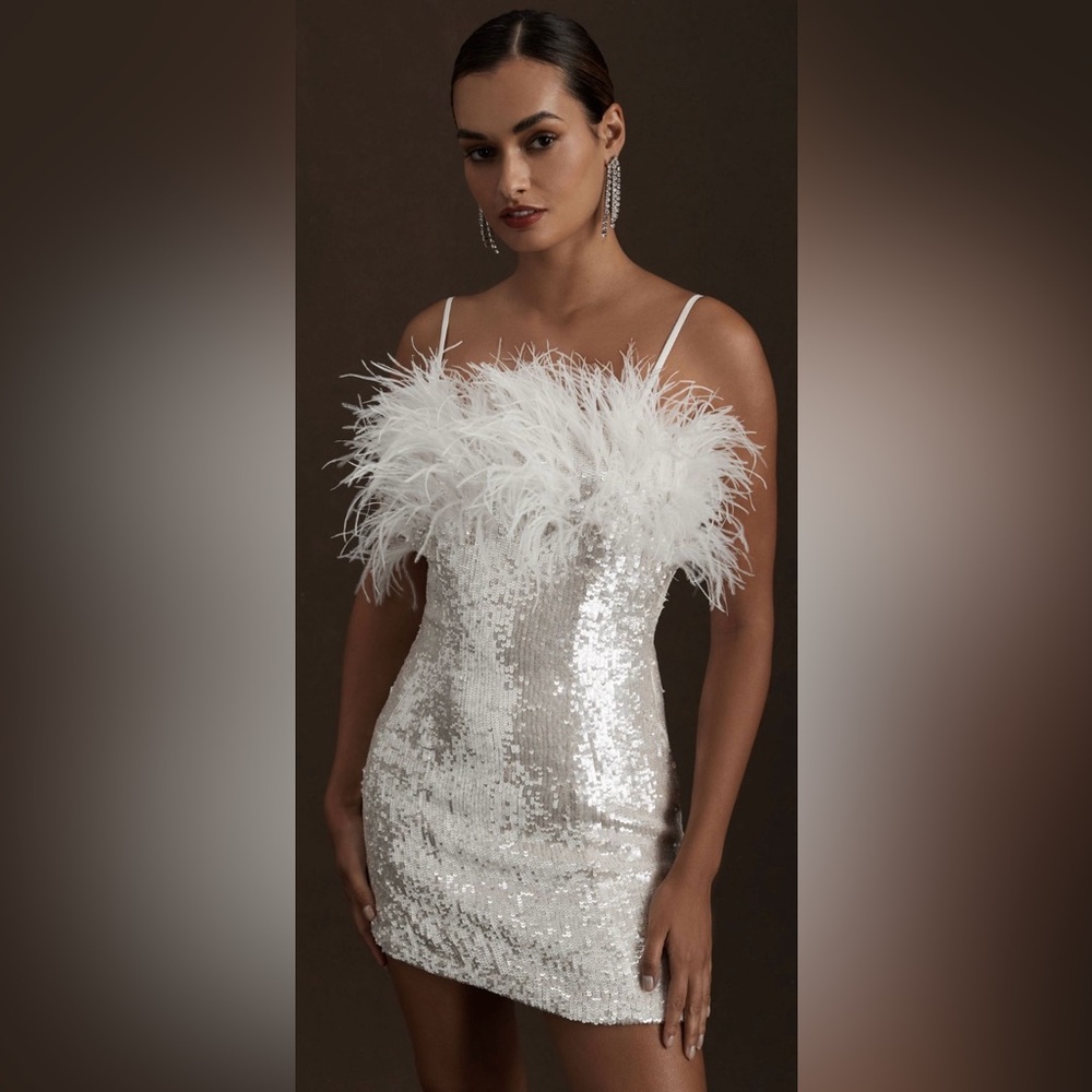 Anthropologie White Sequin Mini Dress with Feather Trim - Audrey Adele Adelaide